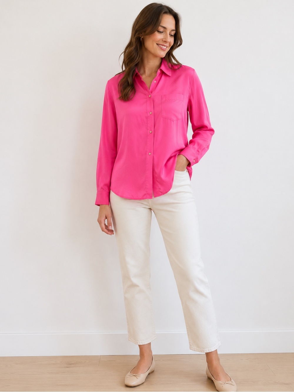 Liz Claiborne Liz Sport Pink Satin Button Down Shirt Size Small